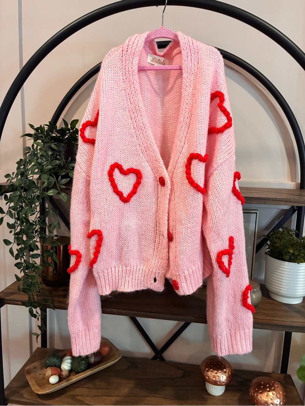 Listicle Pink Cardigan with Red Heart Appliqués